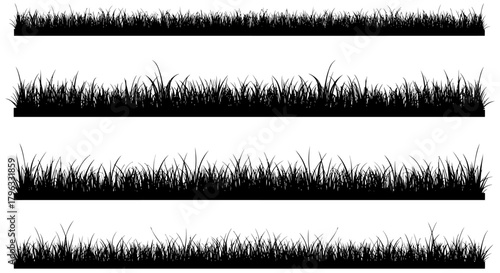 A collection of vector silhouettes of lush green grass in various densities and styles, perfect for natural scene design elements and backgrounds.