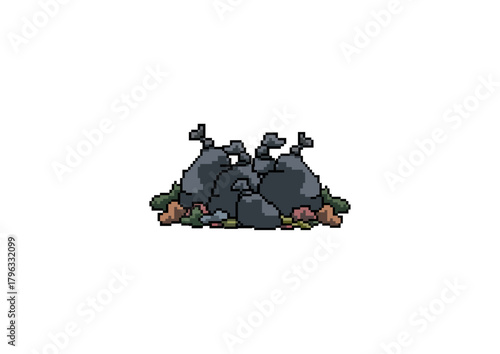 A small pile of dark garbage bags surrounded by scattered waste, illustrated in a pixel-art style to depict litter or pollution.