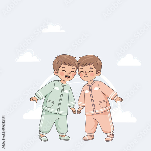 Two adorable boys in pajamas smiling and holding hands together.