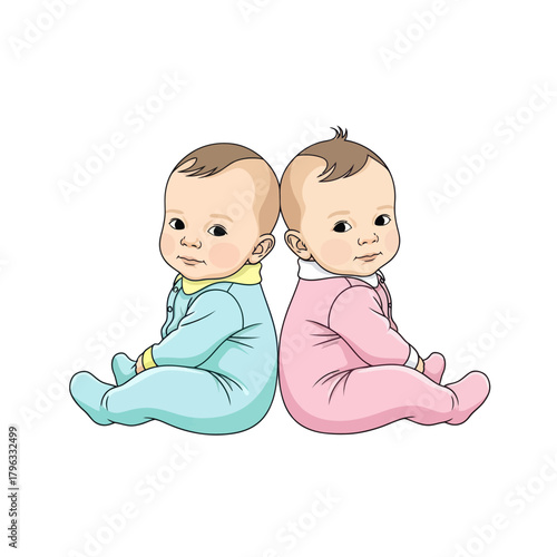 Two adorable baby twins sitting back to back, one in blue and one in pink, looking at the viewer.