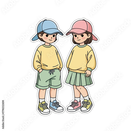 Cartoon Illustration of a Boy and Girl in Matching Outfits.