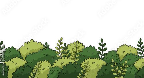 A vibrant, hand-drawn illustration of lush green bushes and foliage, perfect for nature-themed designs and backgrounds, presented in a scalable vector format.