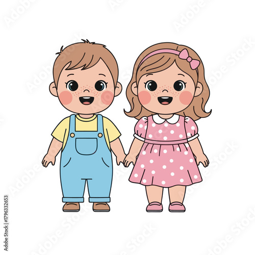 Adorable cartoon children holding hands smiling happily together in friendship.