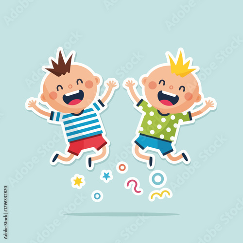 Two joyful baby boys jumping with excitement.