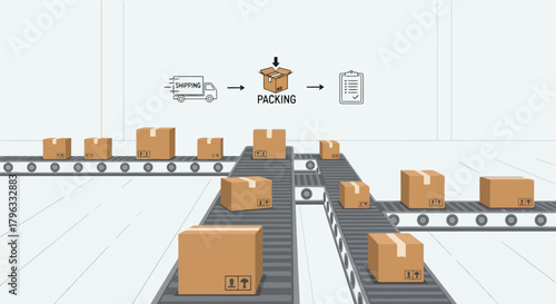 Efficient Warehouse Processing with Conveyor Belt and Packing Station
