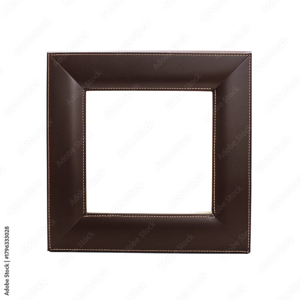 Fototapeta premium Dark brown leather picture frame with polished finish and subtle edge stitching isolated on transparent background