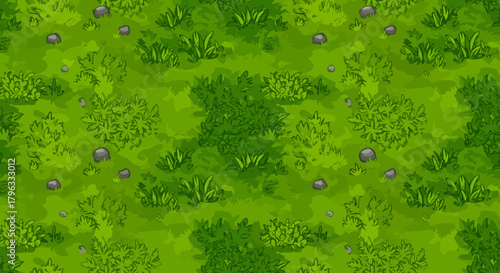 A vibrant seamless vector pattern showcasing a lush green grass field with diverse bushes and scattered rocks, ideal for game design or digital backgrounds.