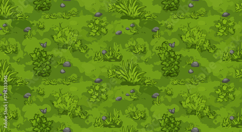 A seamless vector pattern of lush green grass and small rocks, perfect for natural backgrounds and game design elements.