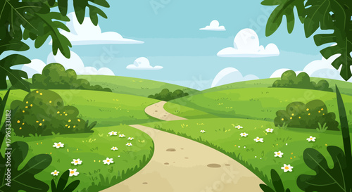 A charming cartoon vector illustration depicts a serene natural landscape with rolling green hills, a winding path, and a clear blue sky.
