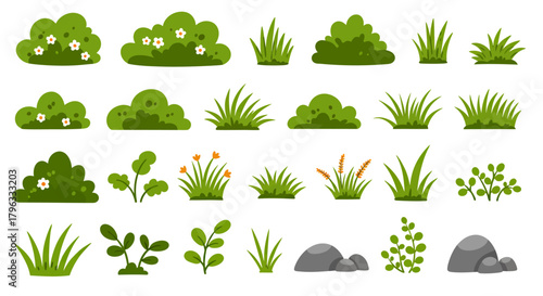 Collection of various green grass and bush illustrations with small flowers and plants, presented as vector graphics on a white background.