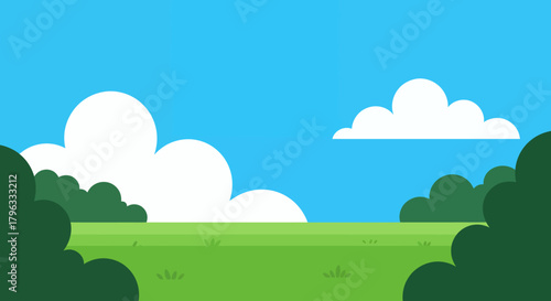 A vibrant vector illustration showcases a lush green grass field under a bright blue sky dotted with fluffy white clouds, evoking a sense of tranquility and natural beauty.