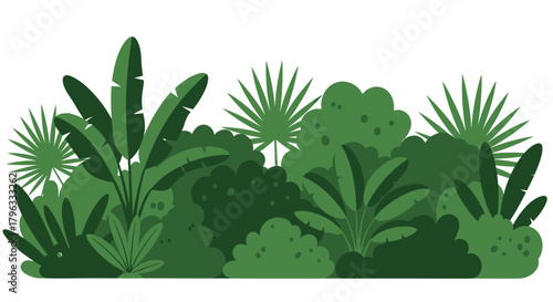 A vibrant vector illustration of lush green tropical foliage and plants, perfect for nature-themed designs and backgrounds, presented in PNG format.