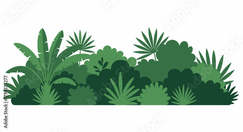 A vibrant collection of lush green jungle plants and tropical foliage creates a beautiful natural border in a clean, isolated vector illustration.