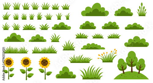 A vibrant vector illustration showcases a collection of diverse green grass elements, bushes, sunflowers, and trees, ideal for adding a touch of nature to design projects and creative visuals.