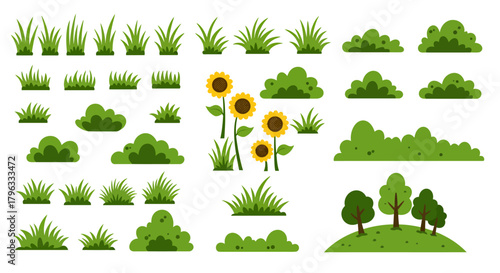 A vibrant collection of diverse green grass tufts, lush bushes, and cheerful sunflowers, perfect for adding natural elements to any digital design or landscape illustration.