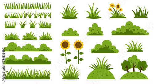 Collection of vibrant green grass elements and sunflowers, perfect for nature-themed designs and springtime illustrations.
