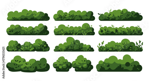 Collection of stylized green bushes and hedges in a flat vector illustration, perfect for landscaping and nature design elements.