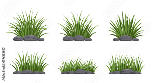 A vibrant collection of isolated green grass clumps with decorative grey stones, rendered in a clean vector style, perfect for design projects and natural landscaping.