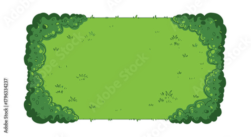 A vibrant green grassy area with textured bushes framing the edges, perfect for nature scenes and outdoor design elements.