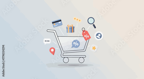 Online Shopping and E commerce Concept with Shopping Cart and Digital Devices