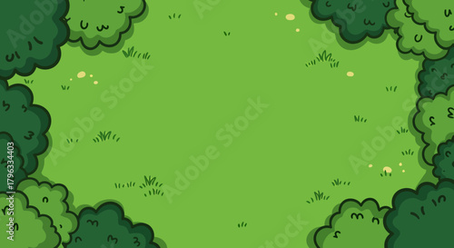 Vibrant green meadow with lush bushes and scattered small flowers, perfect for nature scenes and outdoor graphic design elements.