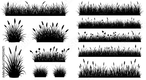 Collection of black silhouette grass and reeds illustrations, perfect for graphic design elements and nature-themed projects.