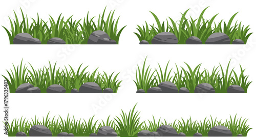 A collection of realistic green grass tufts with grey stones, presented on a transparent background for easy integration into various designs.