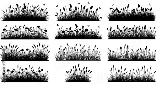 A collection of detailed vector grass silhouettes, perfect for adding natural elements to your design projects, available in a convenient PNG format for easy integration and artistic enhancement.