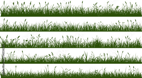 A collection of vibrant green grass silhouettes, presented as clean vector graphics, perfect for design elements with transparent backgrounds.