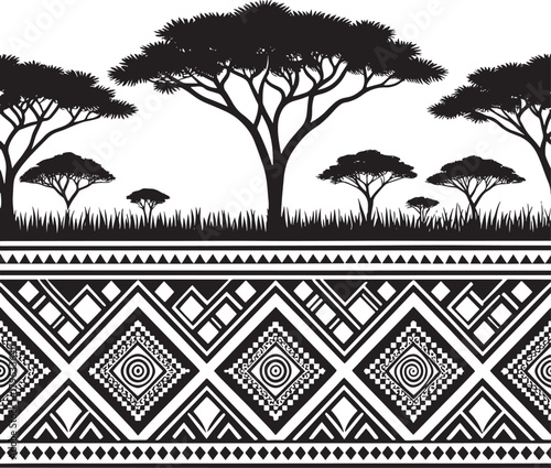 Kwanzaa african culture Black and white silhouette of African savanna trees and tribal geometric border pattern