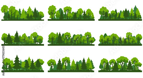 A vibrant collection of nine diverse green forest and tree line borders, presented in a clean, modern vector illustration style, ideal for nature-themed designs.