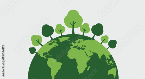 This eco-friendly vector illustration depicts a verdant planet Earth with a canopy of green trees, representing global sustainability and nature conservation.