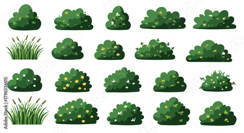 A vibrant collection of isolated green bushes and lush grass elements in a charming cartoon vector style, perfect for game environments and illustrations.