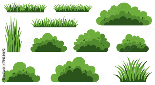 Collection of stylized green grass tufts and lush bushes, perfect for nature scenes and outdoor design elements.