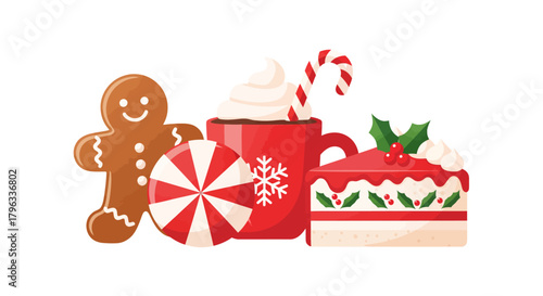 Festive holiday treats including gingerbread man, candy, hot chocolate, and cake.