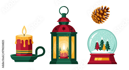 Set of festive Christmas decorations including a candle, lantern, snow globe, and pine cone isolated on a white background.