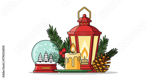 Festive Christmas composition with a red lantern, snow globe, lit candles, pine cone, and fir branches on a white background.