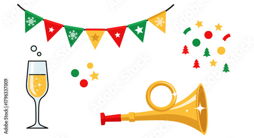Festive holiday celebration elements with banners, champagne, confetti, and party horn.
