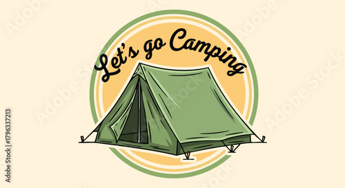 Badge Vector Illustration Camping Tent Outdoor Adventure Emblem Vintage Hand Drawn Retro Green Cream Yellow