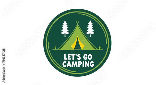 Badge Vector Illustration Camping Tent Pine Trees Outdoor Adventure Theme Minimalist Design Green Yellow White Colors