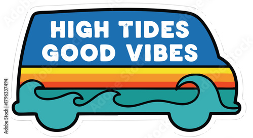 Vector Illustration Retro Surf Van Design Ocean Waves Summer Vibes Text Blue Orange Teal Colors