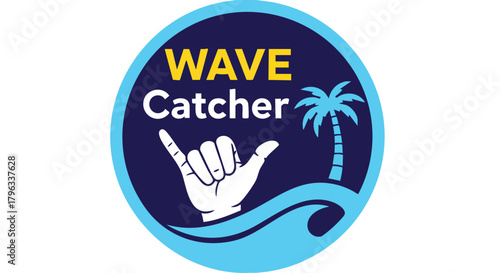 Logo Template Modern Tropical Summer Vector Design featuring Shaka Hand Palm Tree and Ocean Waves in Navy Blue Yellow Light Blue White