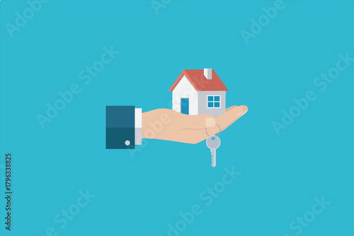 Flat vector illustration of a hand holding a small house with a key, symbolizing property purchase, home rental, real estate services, investment, and home ownership.
