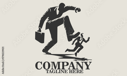 Vector illustration of a small businessman running away from a giant figure in a business suit about to step on him, metaphorical vector illustration of job pressure. Underdog day icon