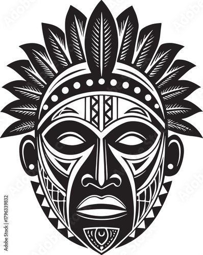 Kwanzaa african culture Black and white tribal mask with feather headdress and intricate geometric patterns