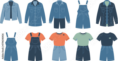 Array of Stylish Denim Jackets, Overalls, and Casual TShirts with Shorts Outfits