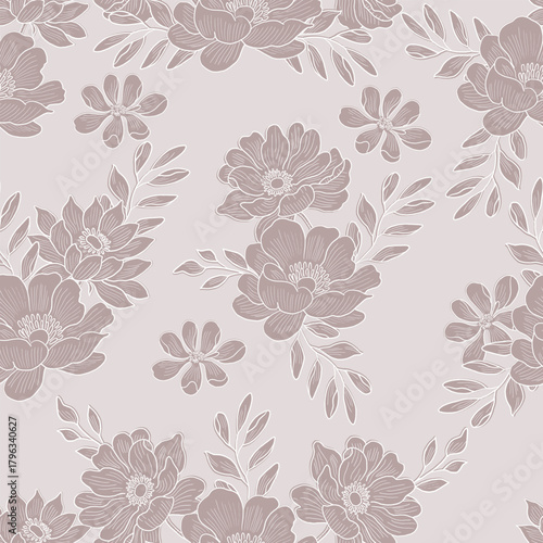 Hand Drawn Aster Line Art Flower Seamless Pattern