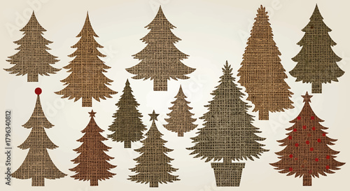 Collection of Rustic Burlap Textured Christmas Tree Silhouettes on Beige Background