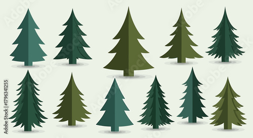 Set of Twelve Diverse Green and Dark Pine Tree Icons Isolated on Light Background for Winter Design