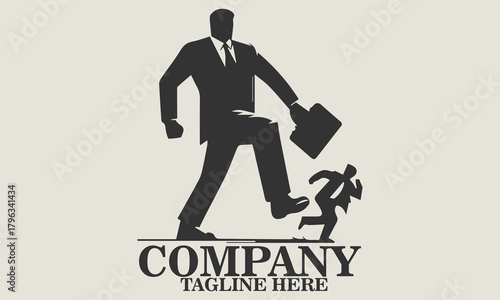 Vector illustration of a small businessman running away from a giant figure in a business suit about to step on him, metaphorical vector illustration of job pressure. Underdog day icon